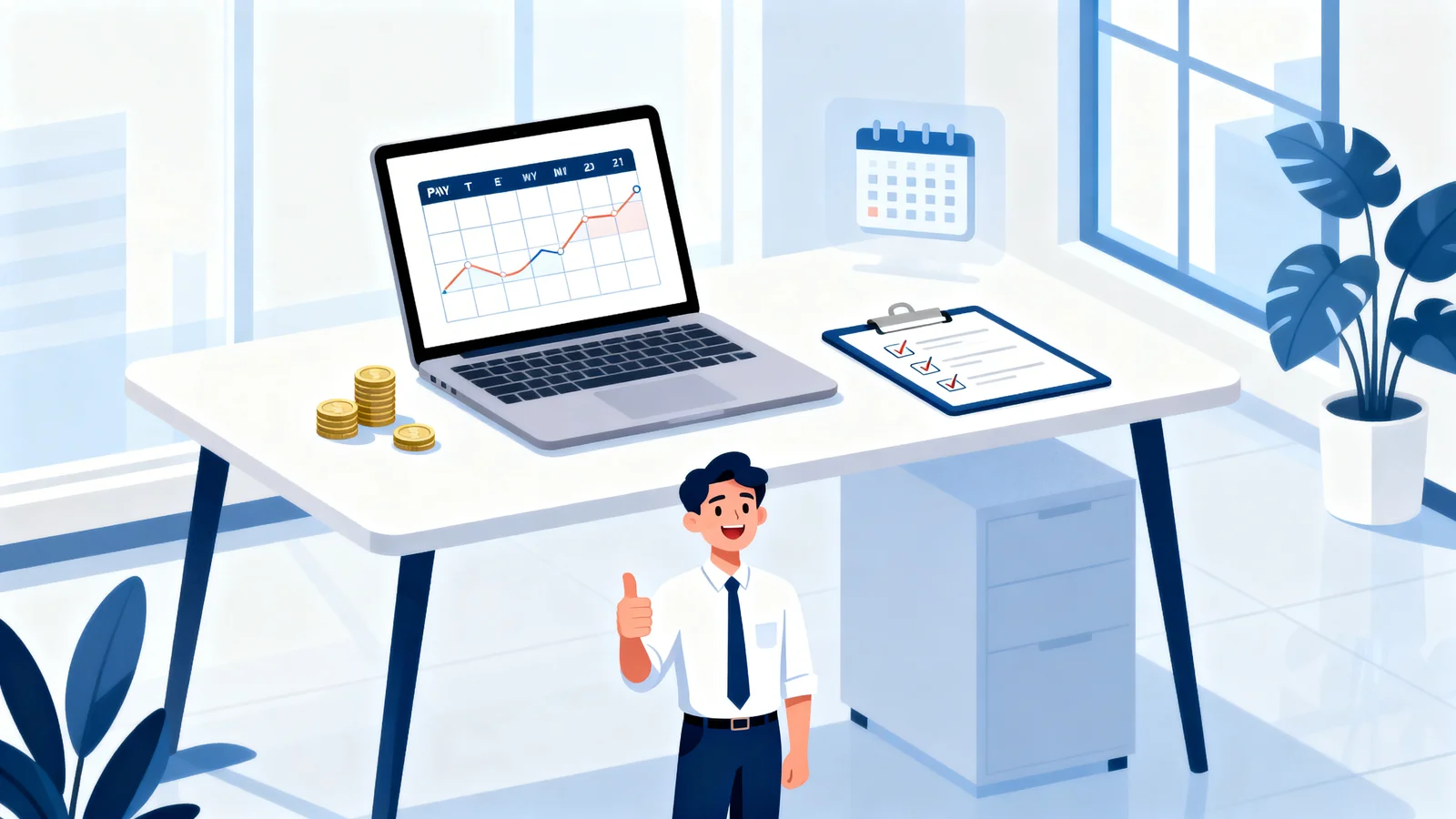 Business owner smiling next to a desk with a payment schedule for pay-as-you-go workers' comp